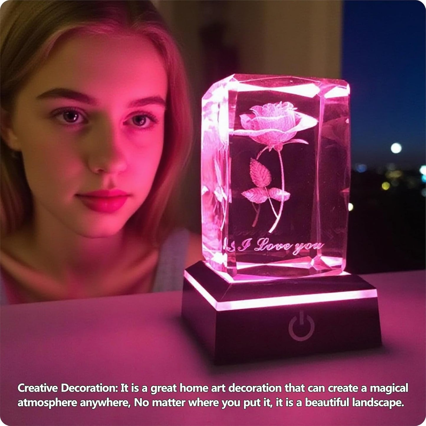 Luz Nocturna Cristal Rosa 3D Regalo para Mujer