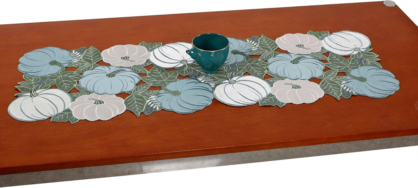 Mesa Camino Calabaza Azul 90pulg Bordado Hojas Rectangular