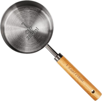 Taza medidora acero inox 8.5oz con mango madera gris