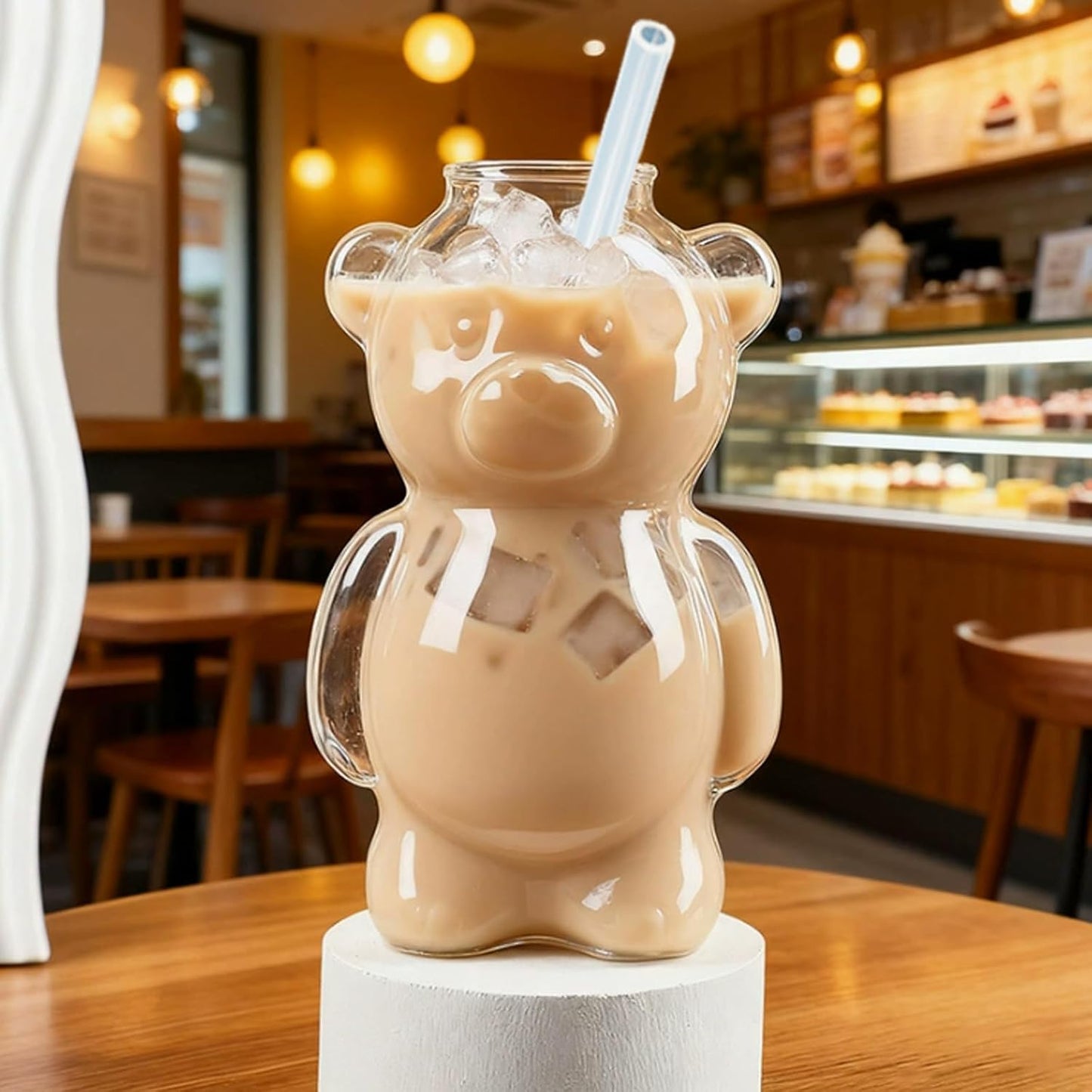 Taza cristal oso con pajita 10oz para café vino y cócteles