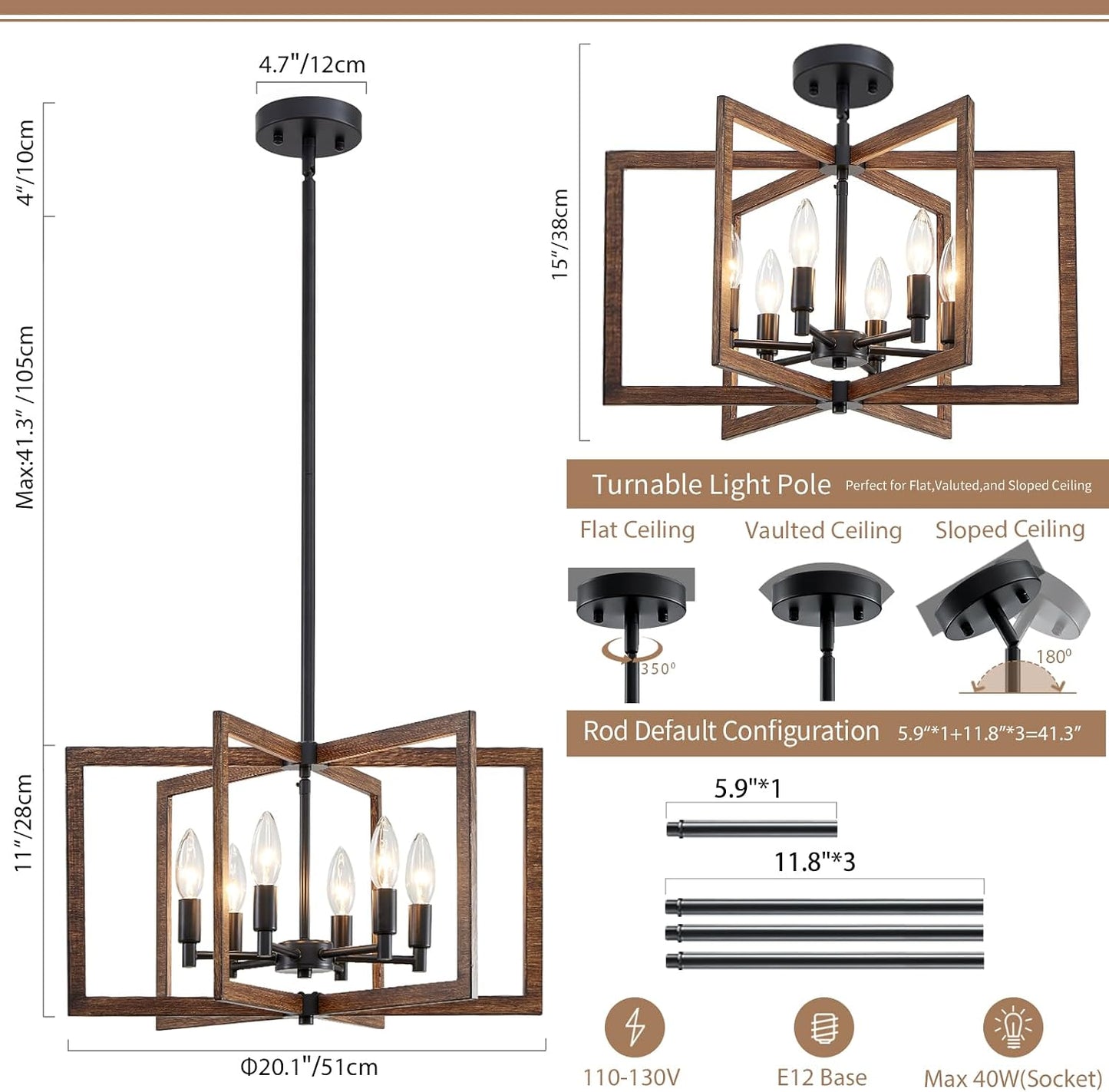Lámpara colgante geométrica 20pulg madera y negro 6 luces