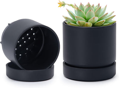 2 Pzas Maceta Cilíndrica 4" Negro Mate con Platillo