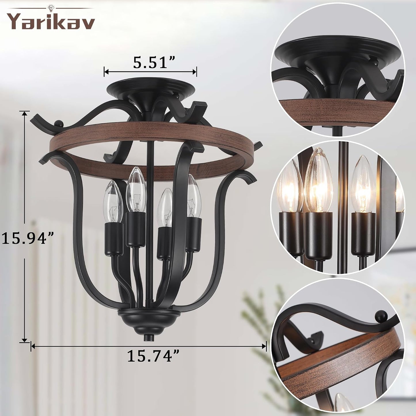 Candelabro 4 luces estilo granja metal negro madera