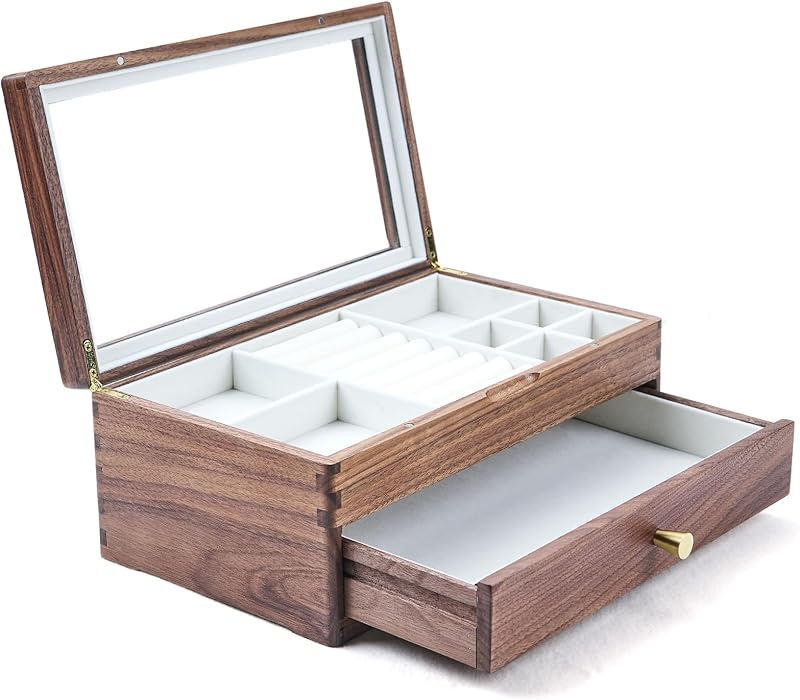 Caja joyería madera nogal negro con tapa cristal 1 cajón