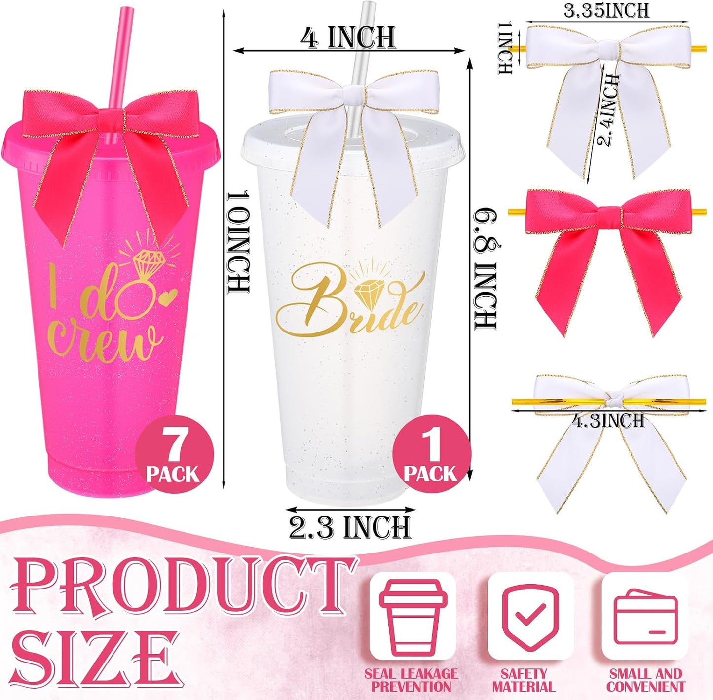 8 Vases Plástico Dama Honor con Tapa Popote Lazo 24oz Rojo Rosa