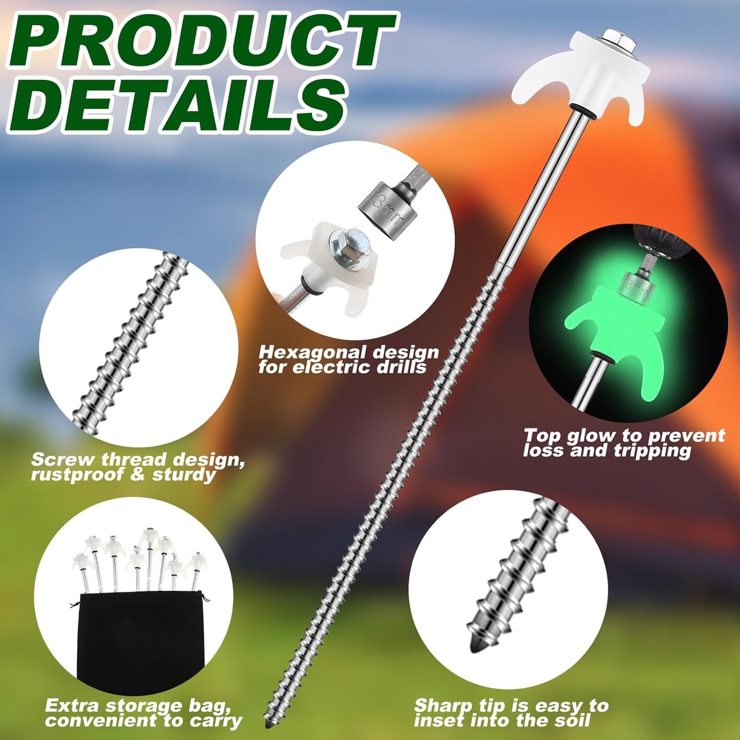 Estacas metal blanco 10pzas roscadas camping