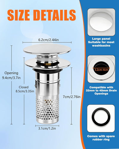 Colador drenaje 3en1 baño con tapón acero inox