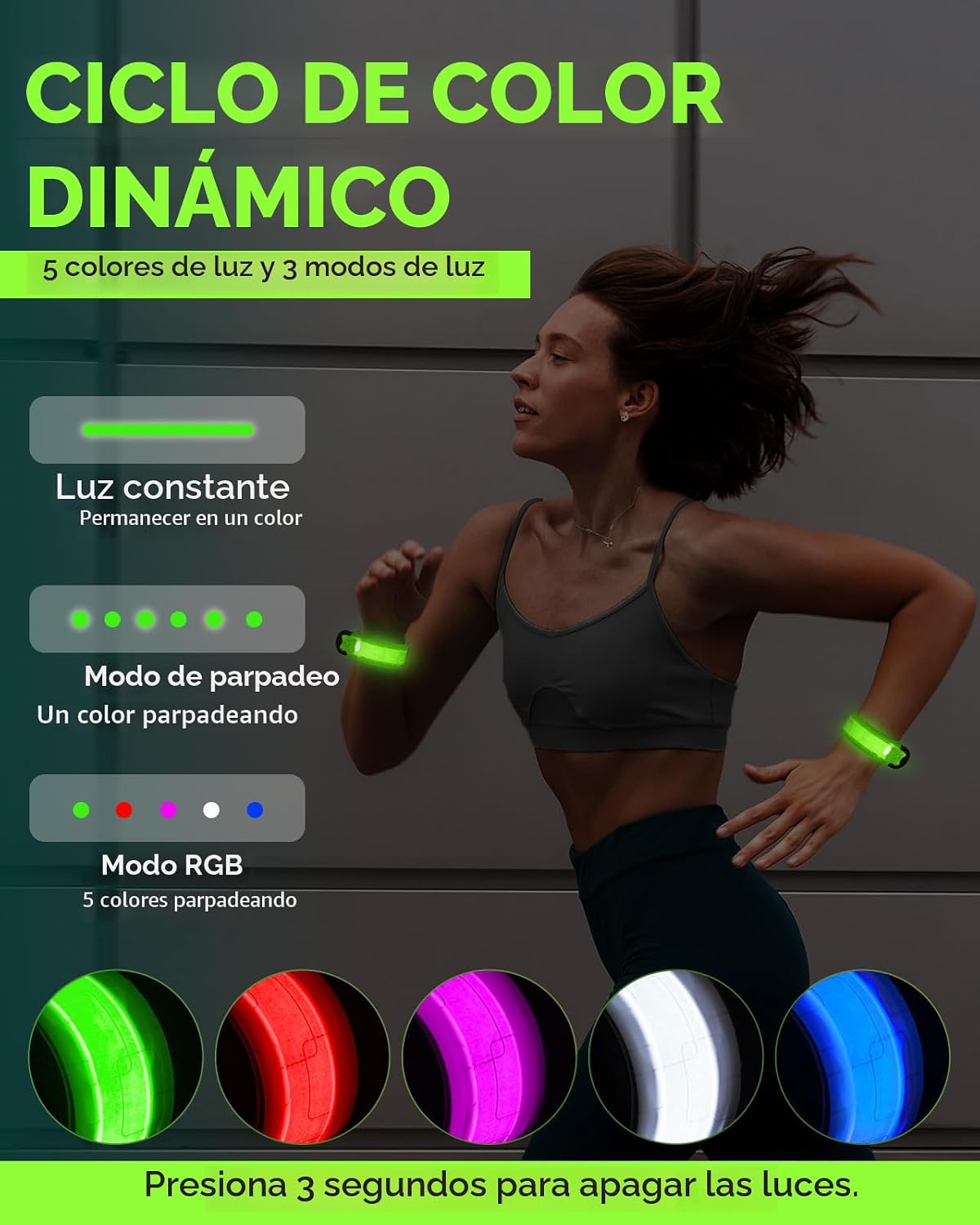 2 Brazaletes LED Recargables 5 Colores 3 Modos