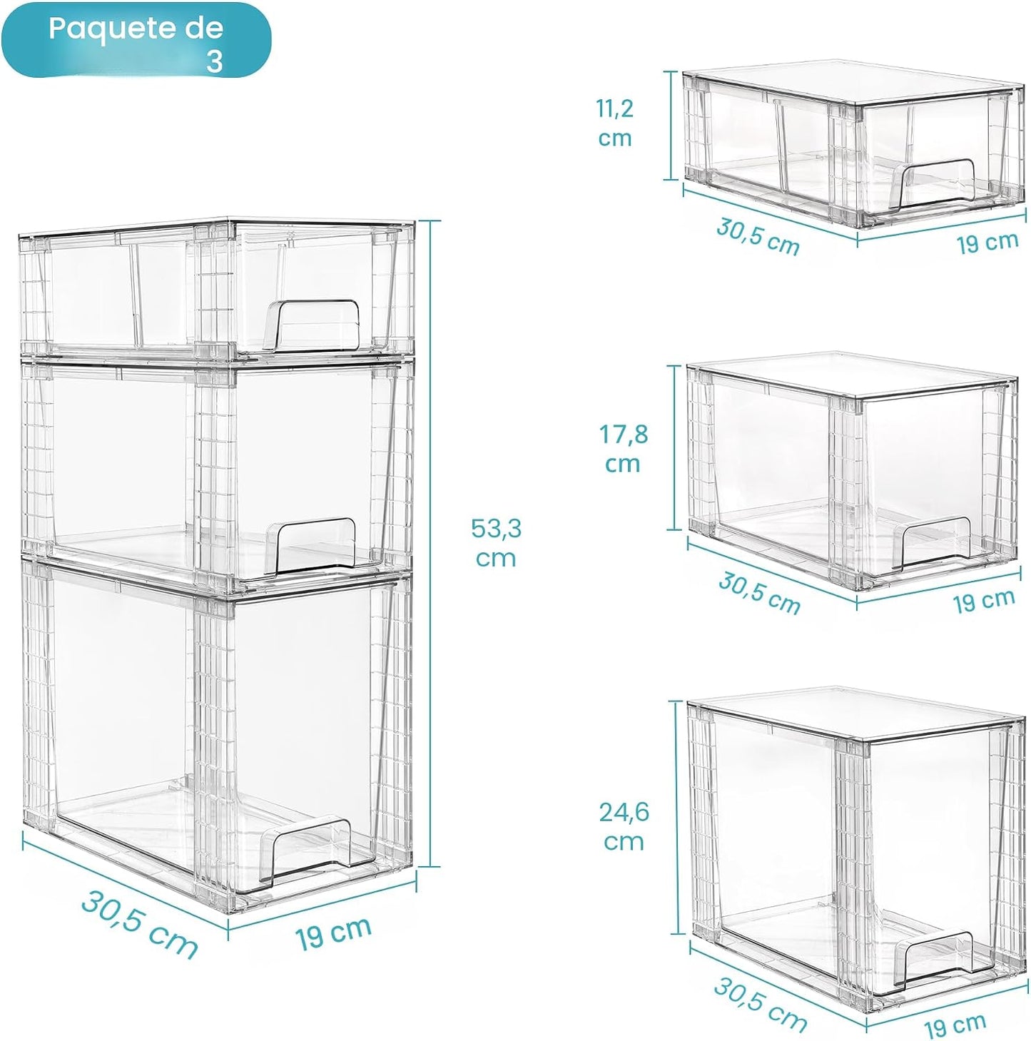 3 Pzas Cajones Plástico Transparente Organiz. Baño Despensa
