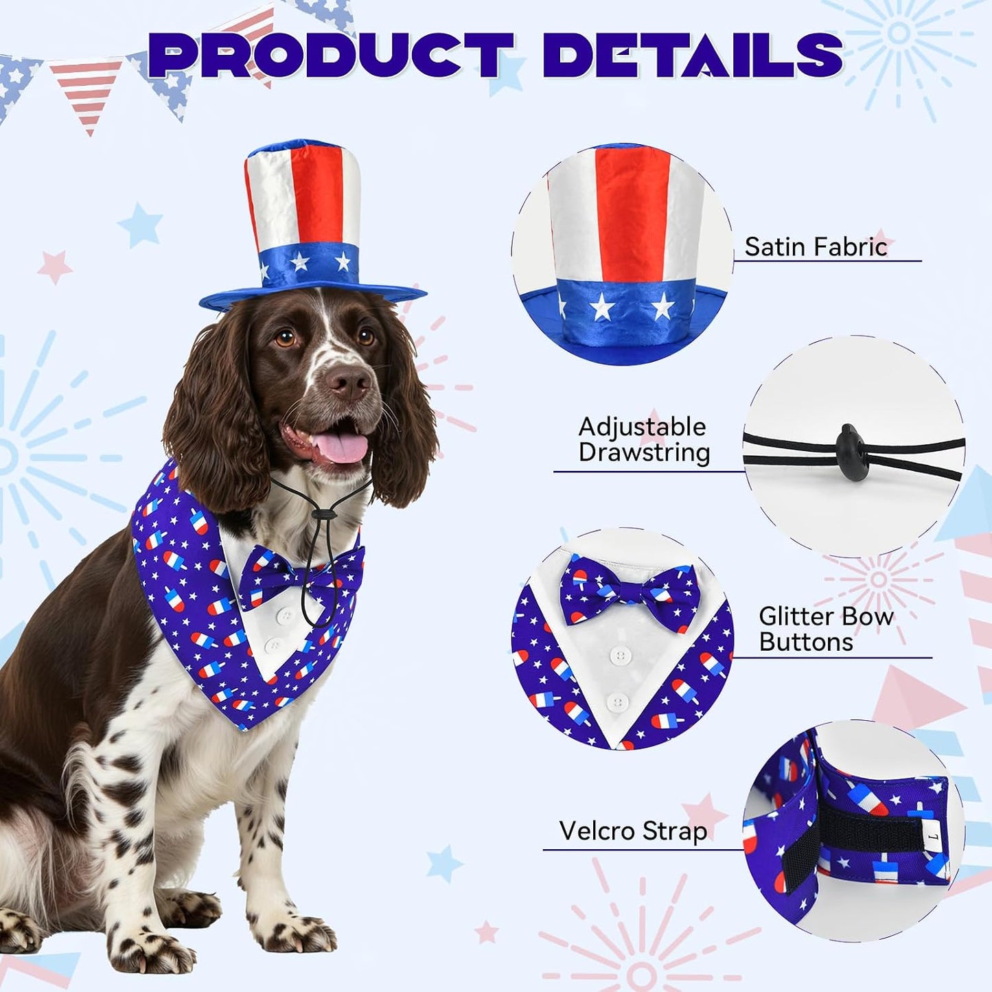 Disfraz esmoquin perro 4 de julio con pajarita azul
