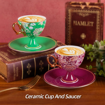 Set 2 Tazas Cerámica Espresso con Platillos Florales 7.7oz