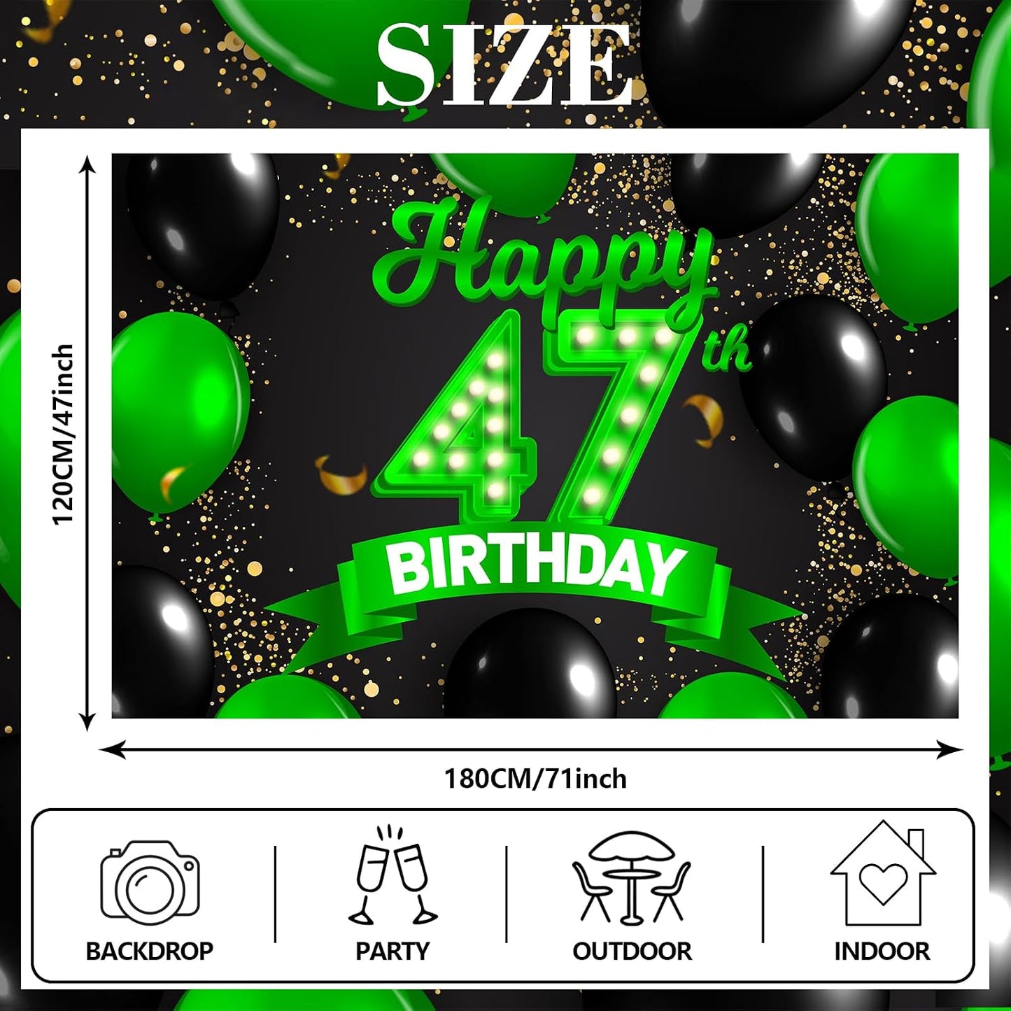 Cartel cumpleaños 47 verde y negro decoración confeti