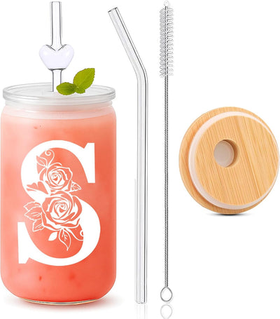 Vaso vidrio 16oz con tapa y pajita regalo monogramado