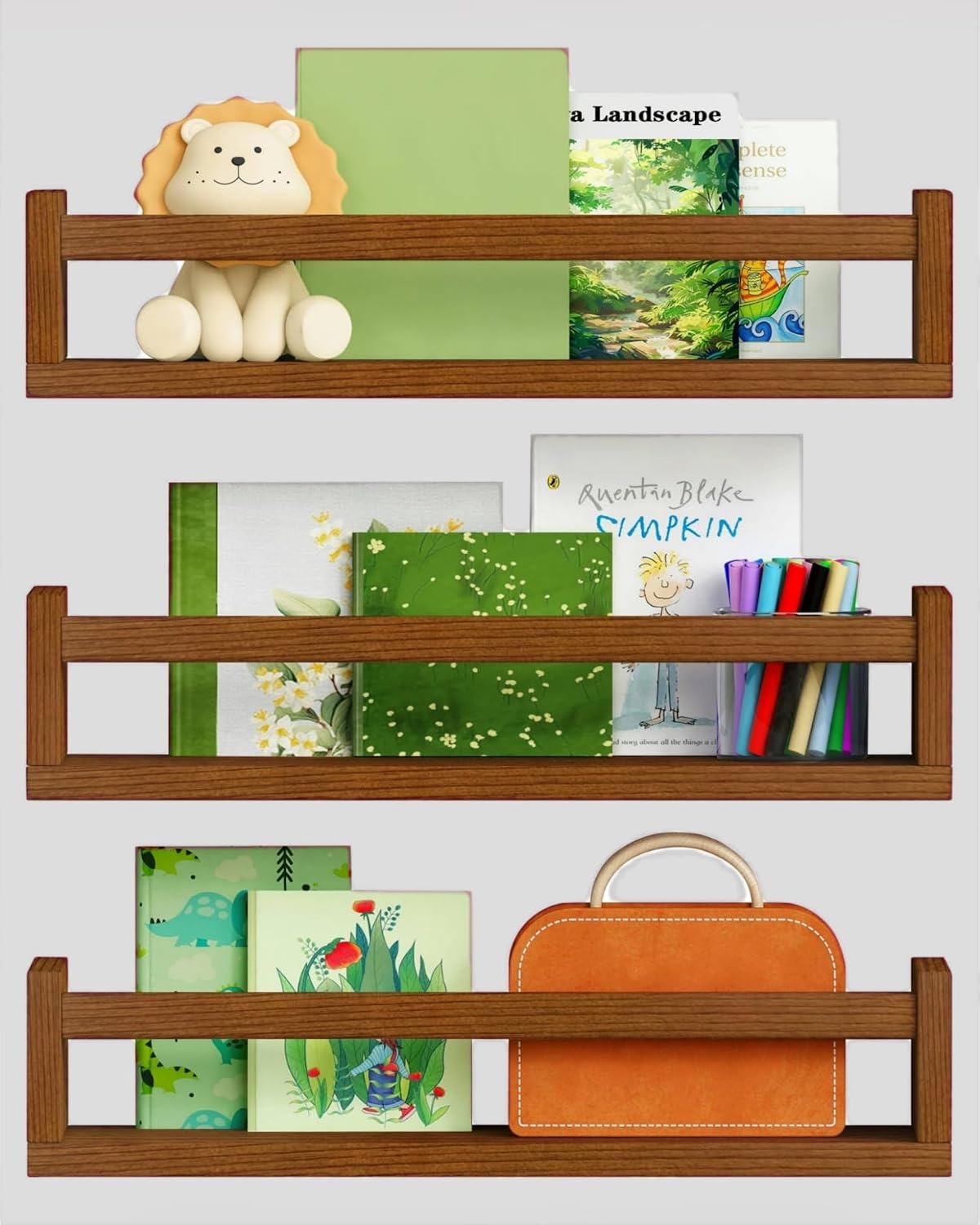 Estantería flotante madera oscura para dormitorio niños