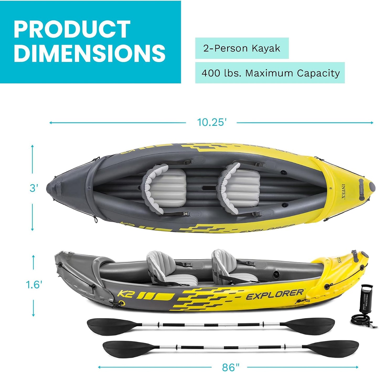 Kayak inflable 2 personas con remos aluminio 86pulg y bomba