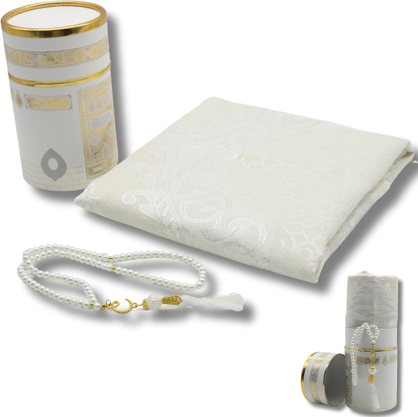 Juego alfombra oración musulmana con caja Kaaba blanco