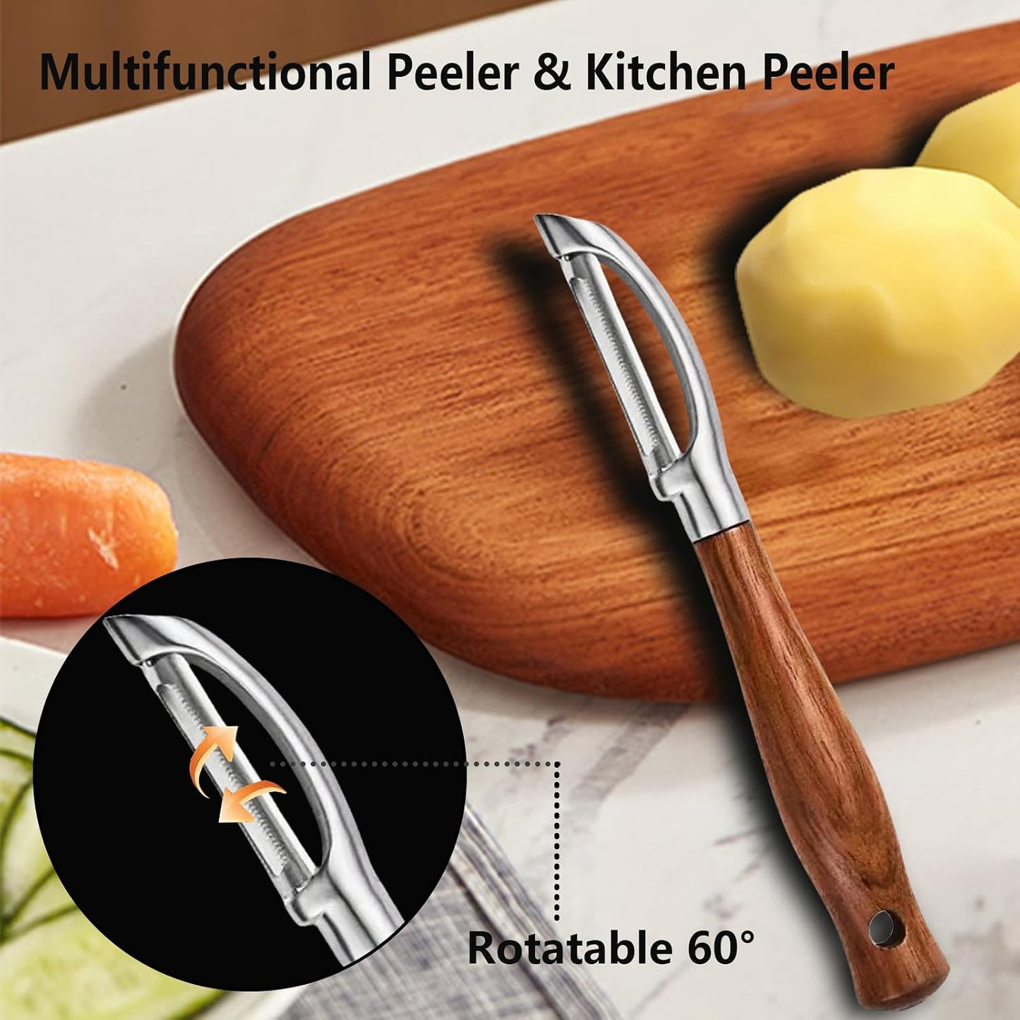 Pelador de patatas acero inox cuchillas giratorias mango madera