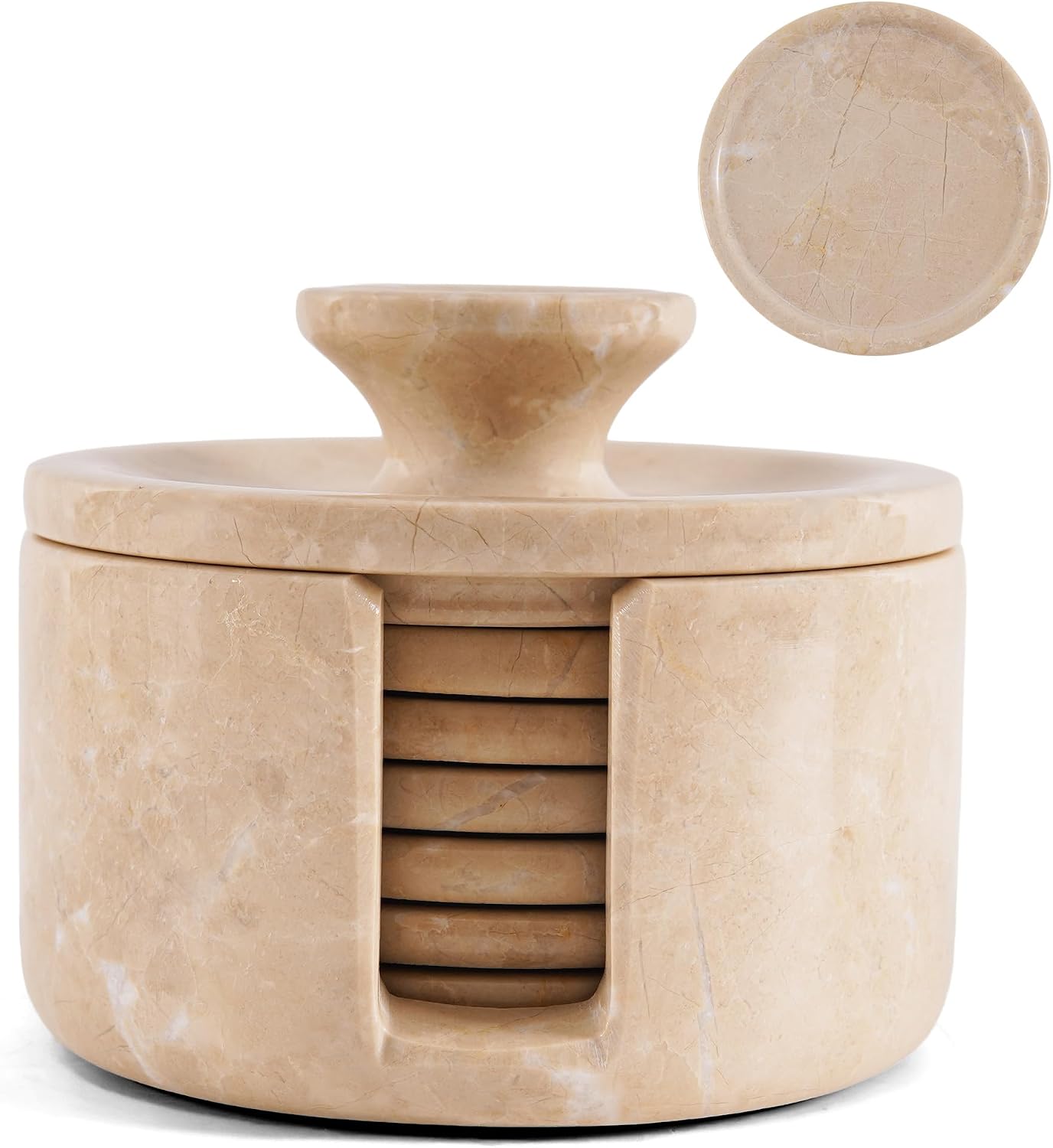 6 Pzas Posavasos Mármol Beige 3.5pulg Redondos con Soporte