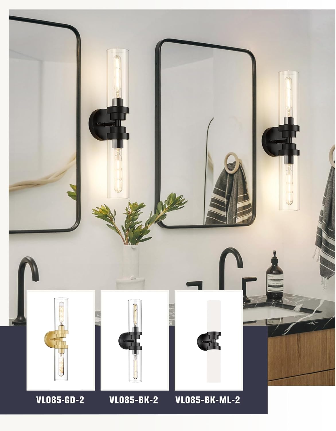 2 Lámparas baño 22pulg 2 luces vidrio transparente