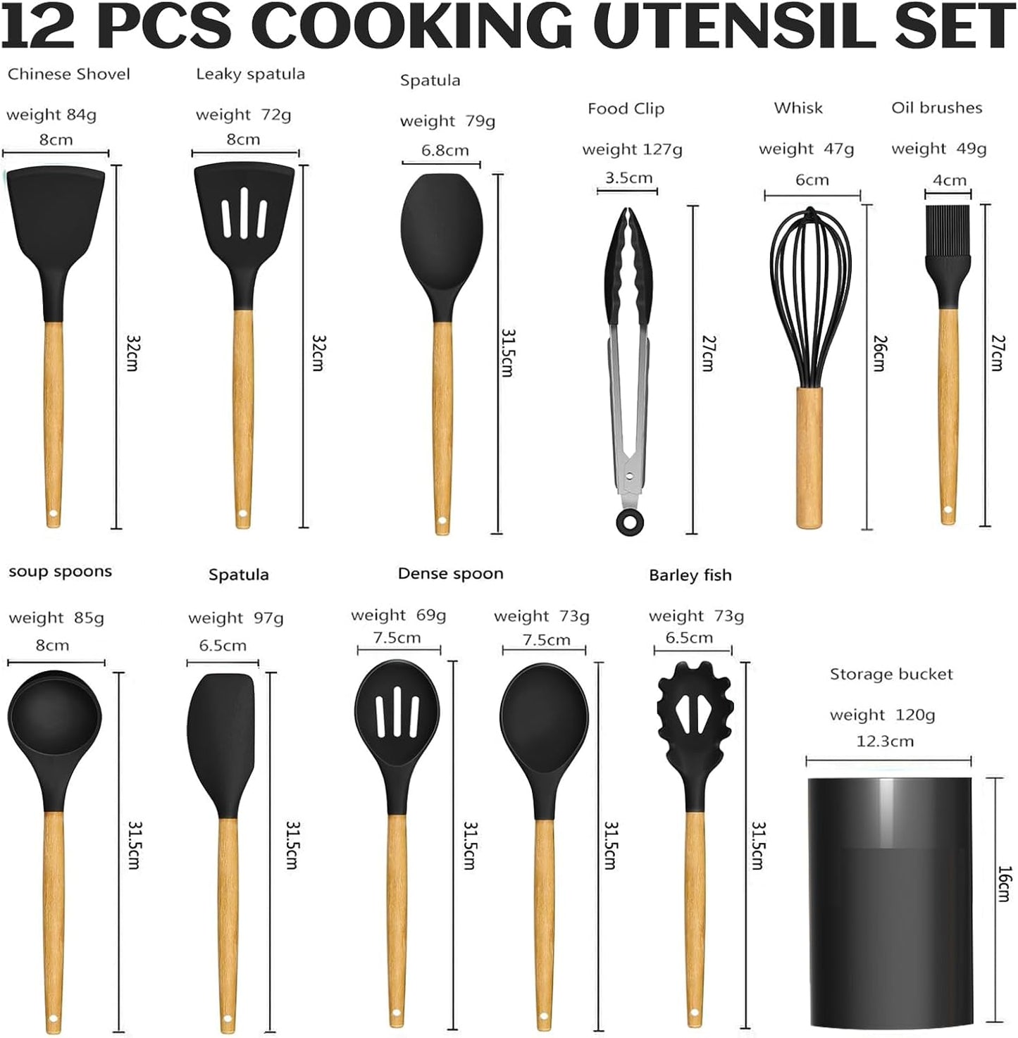 Juego utensilios cocina silicona antiadherente negro