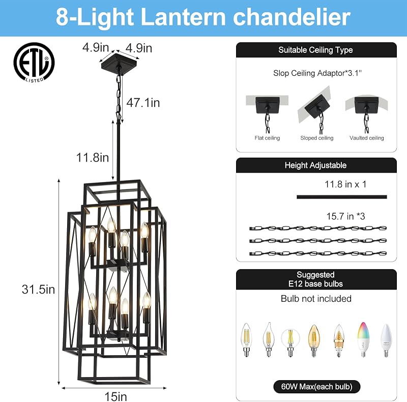 Luminaria colgante moderna negra estilo granja 8 luces