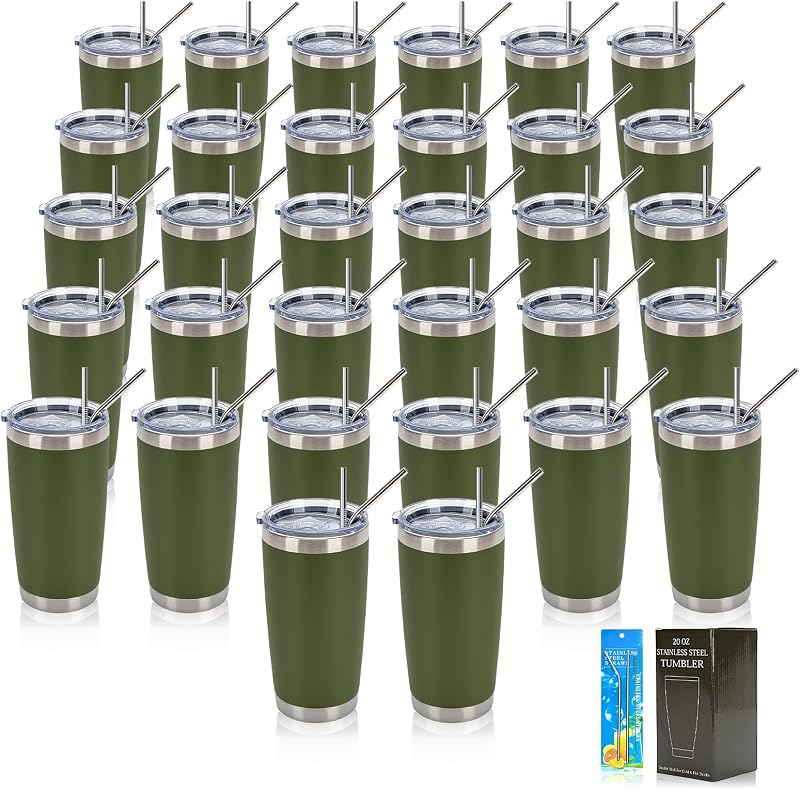 32 Pzas Vasos Acero Inox 20oz con Tapas y Pajitas