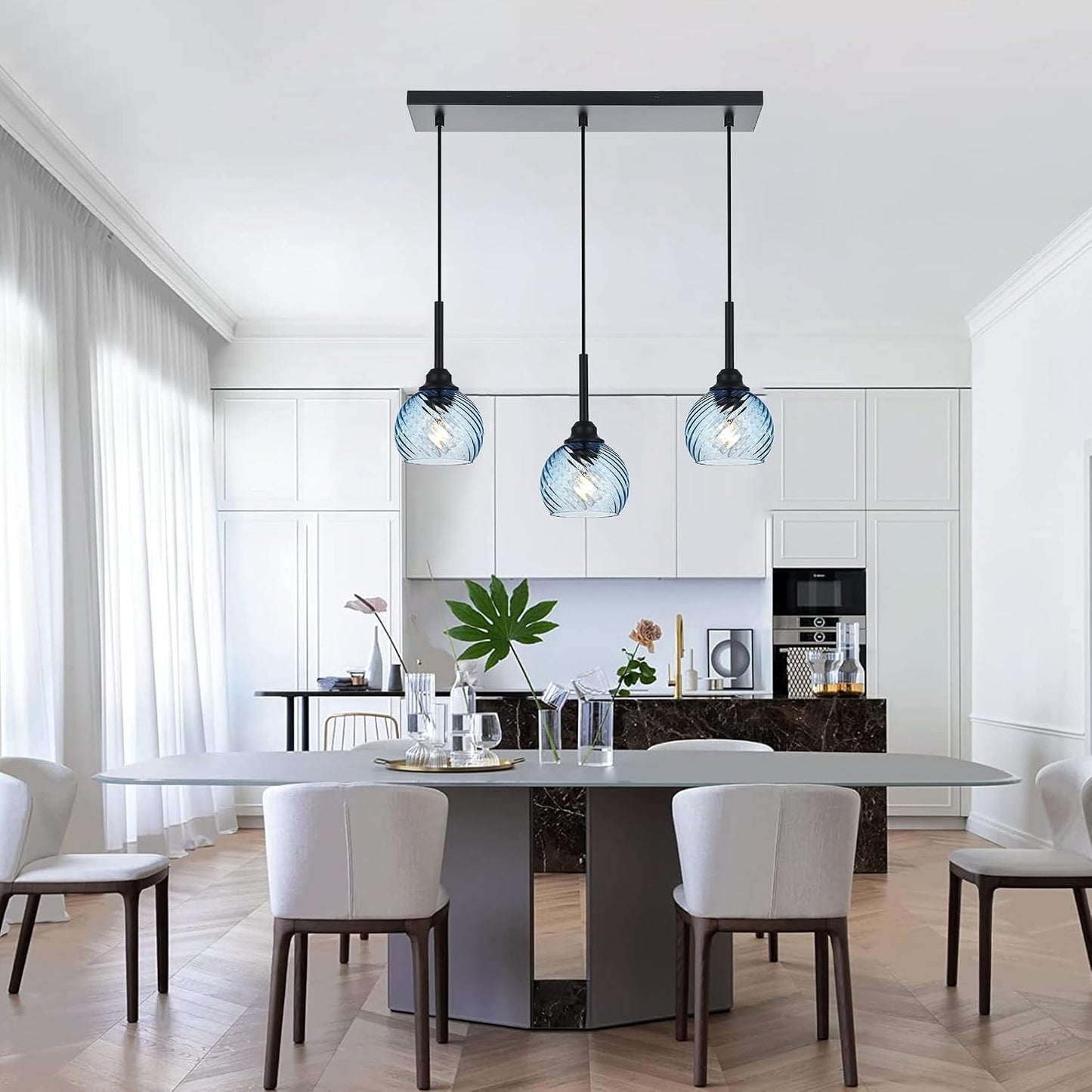 3 Luces isla cocina vidrio globo rayas candelabro negra