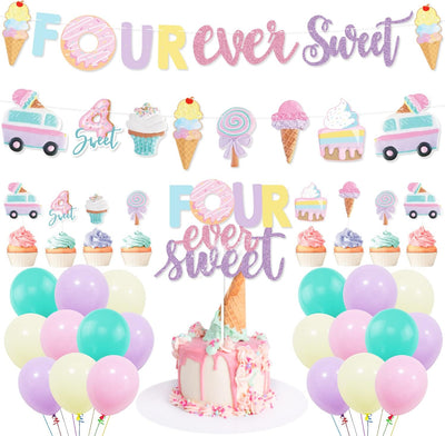 Decoración fiesta 4 años donas helado globos cupcakes