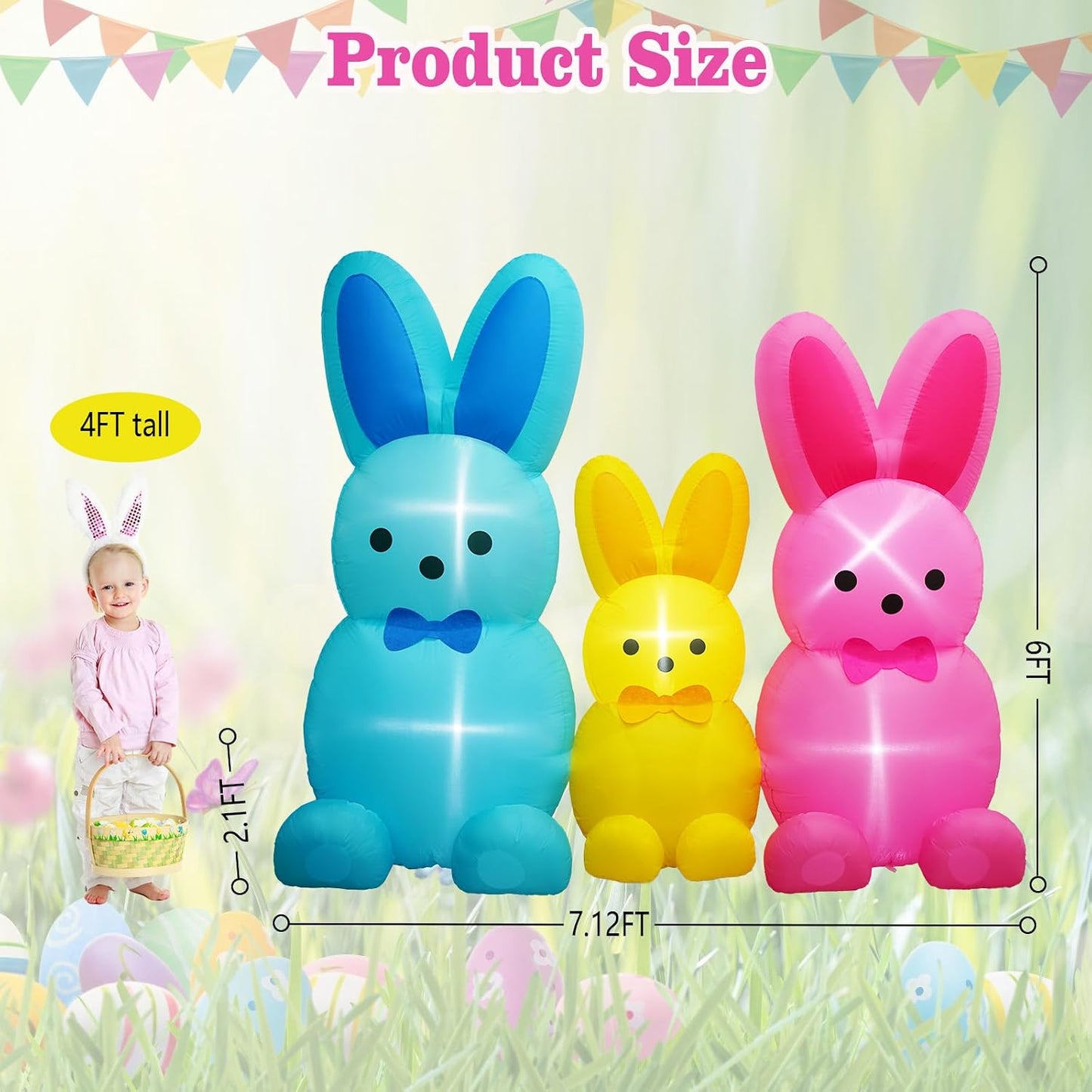 Inflable Pascua 3 Conejos Colores 6" LED para Fiesta