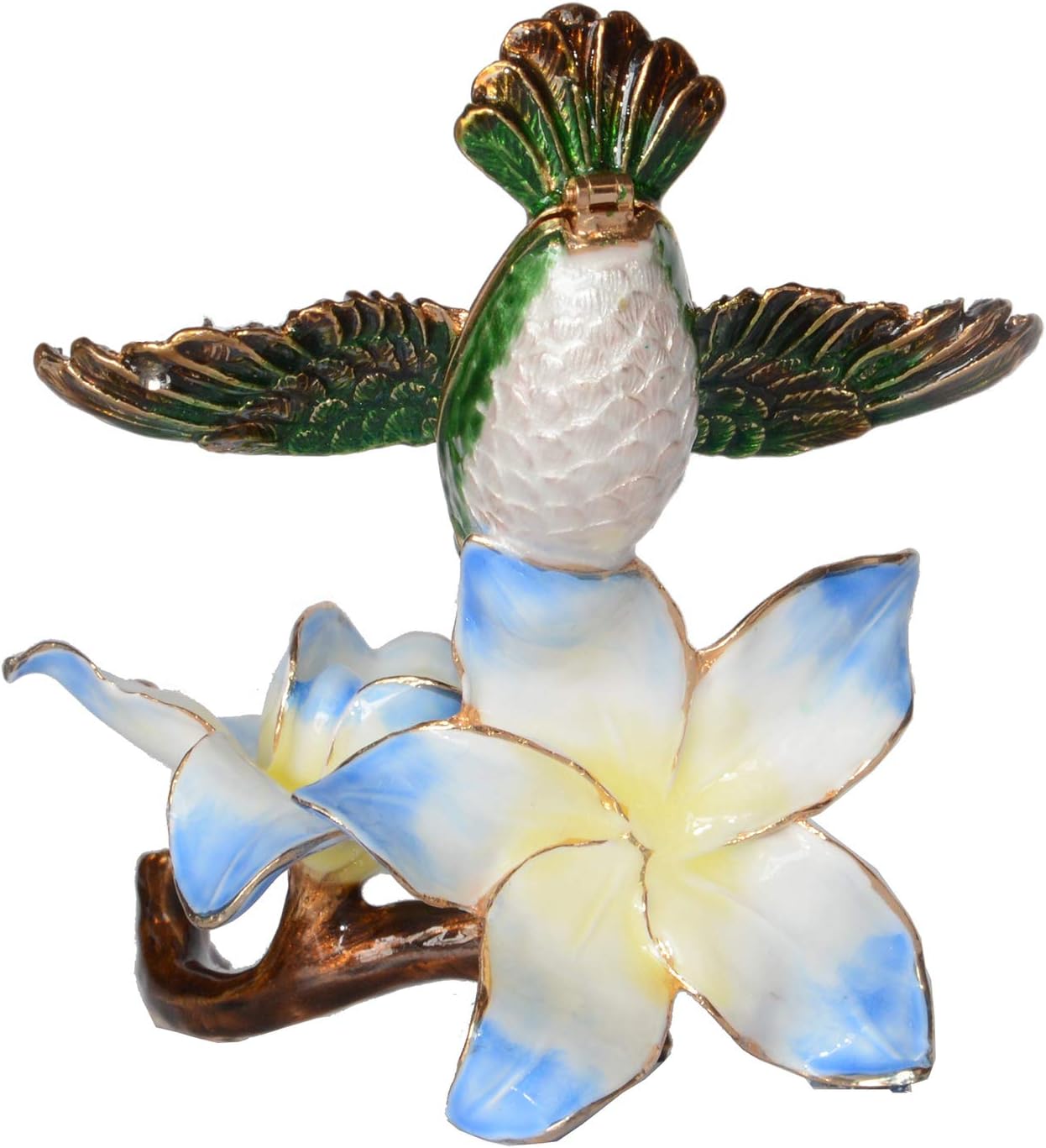 Caja joyería colibrí con flores azules tapa bisagra