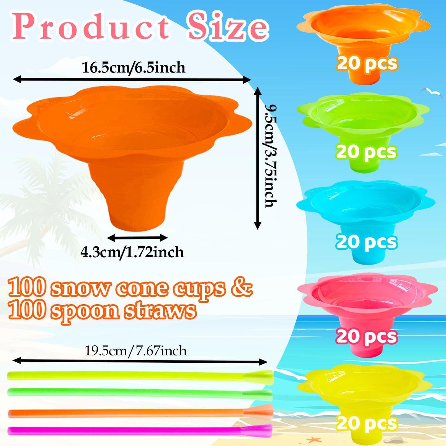 200 Vasos Plástico 8oz Cono Flor Pajitas Cucharas Reutilizables