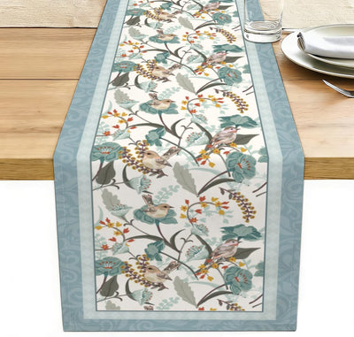 Camino de mesa de flores de pájaros azules decoración rústica para sala