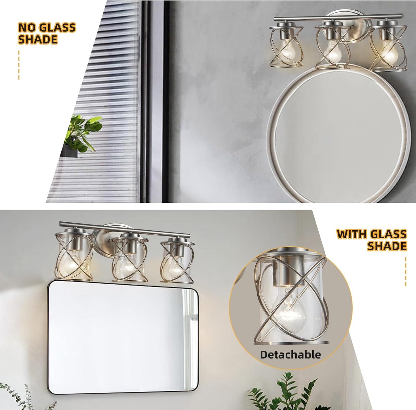 3 Luces Tocador Níquel Vidrio Transparente Baño
