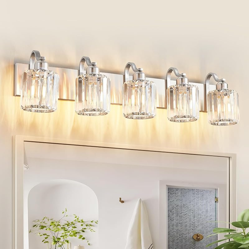 Lámpara tocador baño cristal 5 luces níquel cepillado