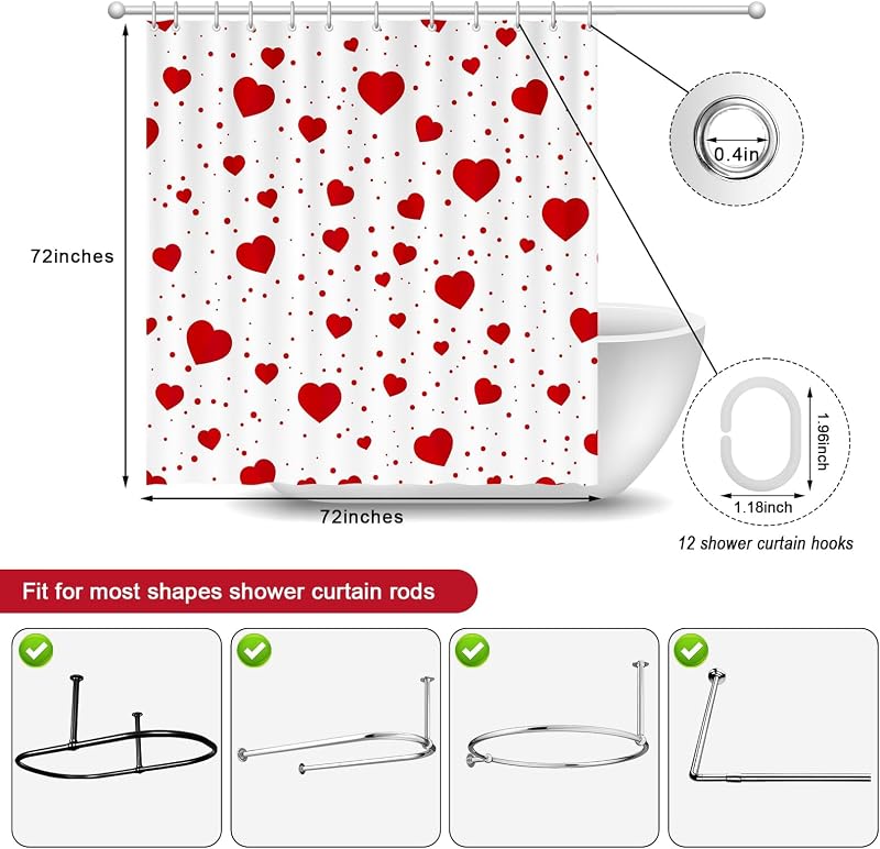 Cortina ducha San Valentín 72x72pulg con 12 ganchos corazones rojos