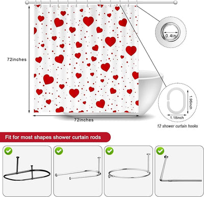 Cortina ducha San Valentín 72x72pulg con 12 ganchos corazones rojos
