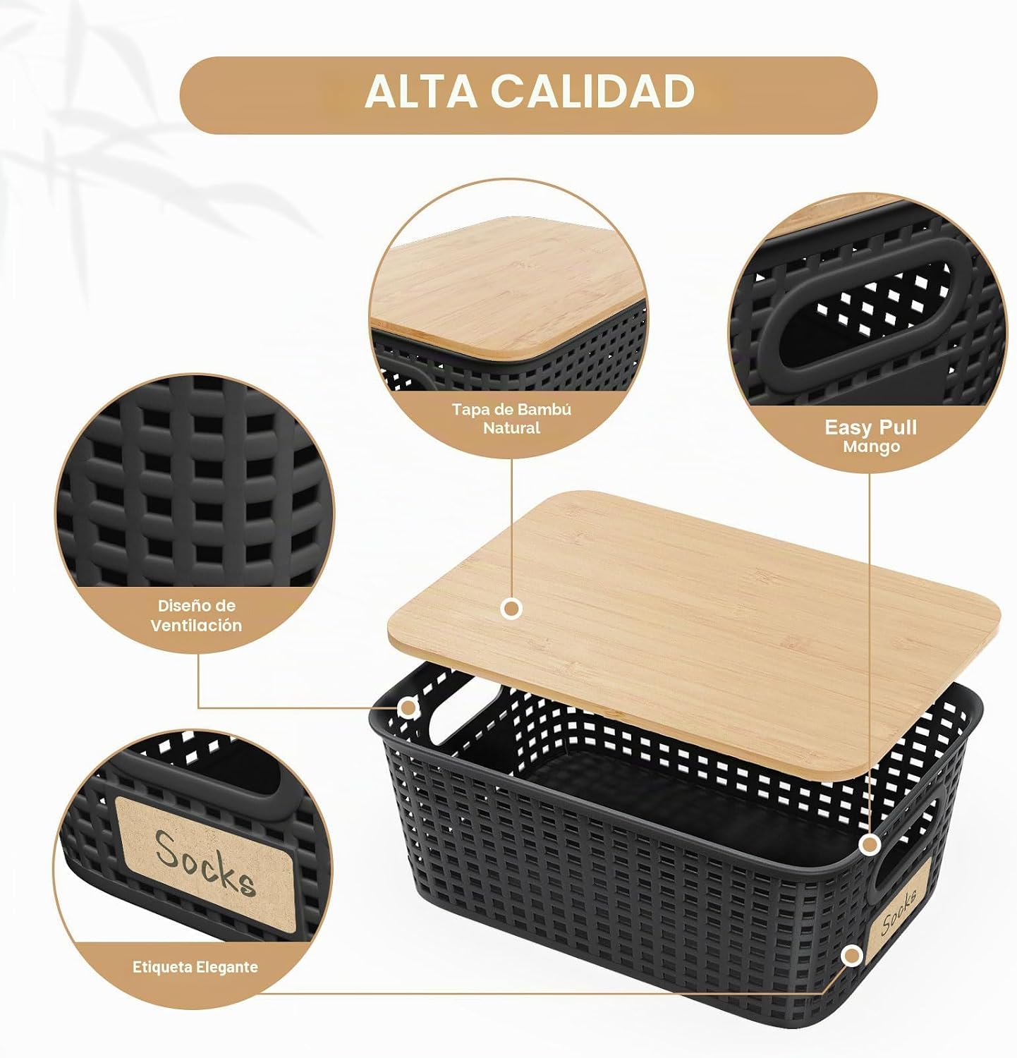 6 Cajas Organizadoras Plástico Tapas Bambú 10x7.1x4.1"