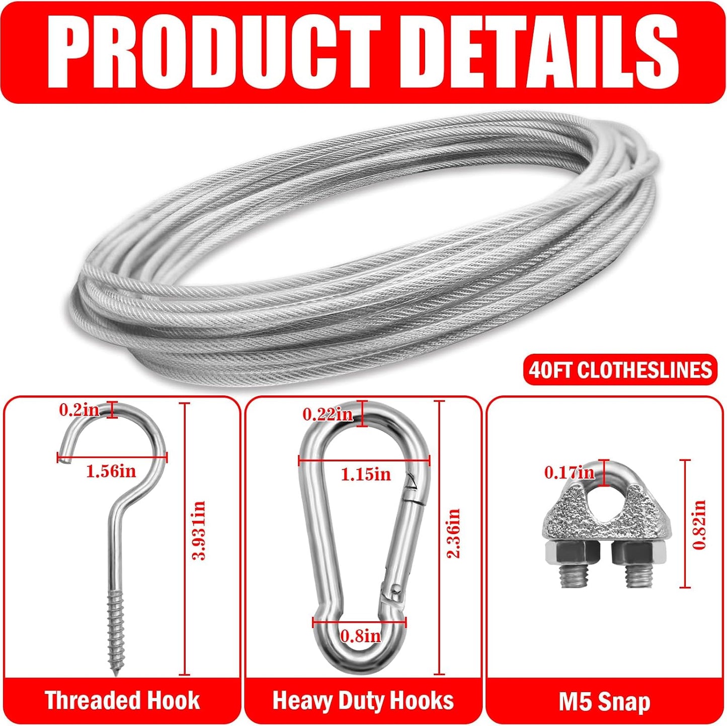 Línea ropa exterior 40ft alambre PVC plateado con ganchos