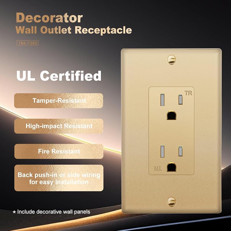 Salida decorativa 15A 125V con tierra pack 20 dorado
