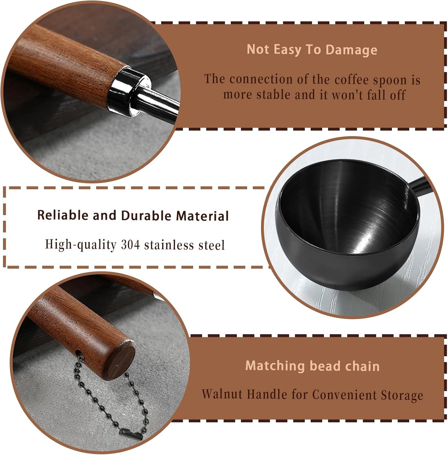 2 Cucharas Medidoras Café Acero Inox 304 Mango Madera Negro