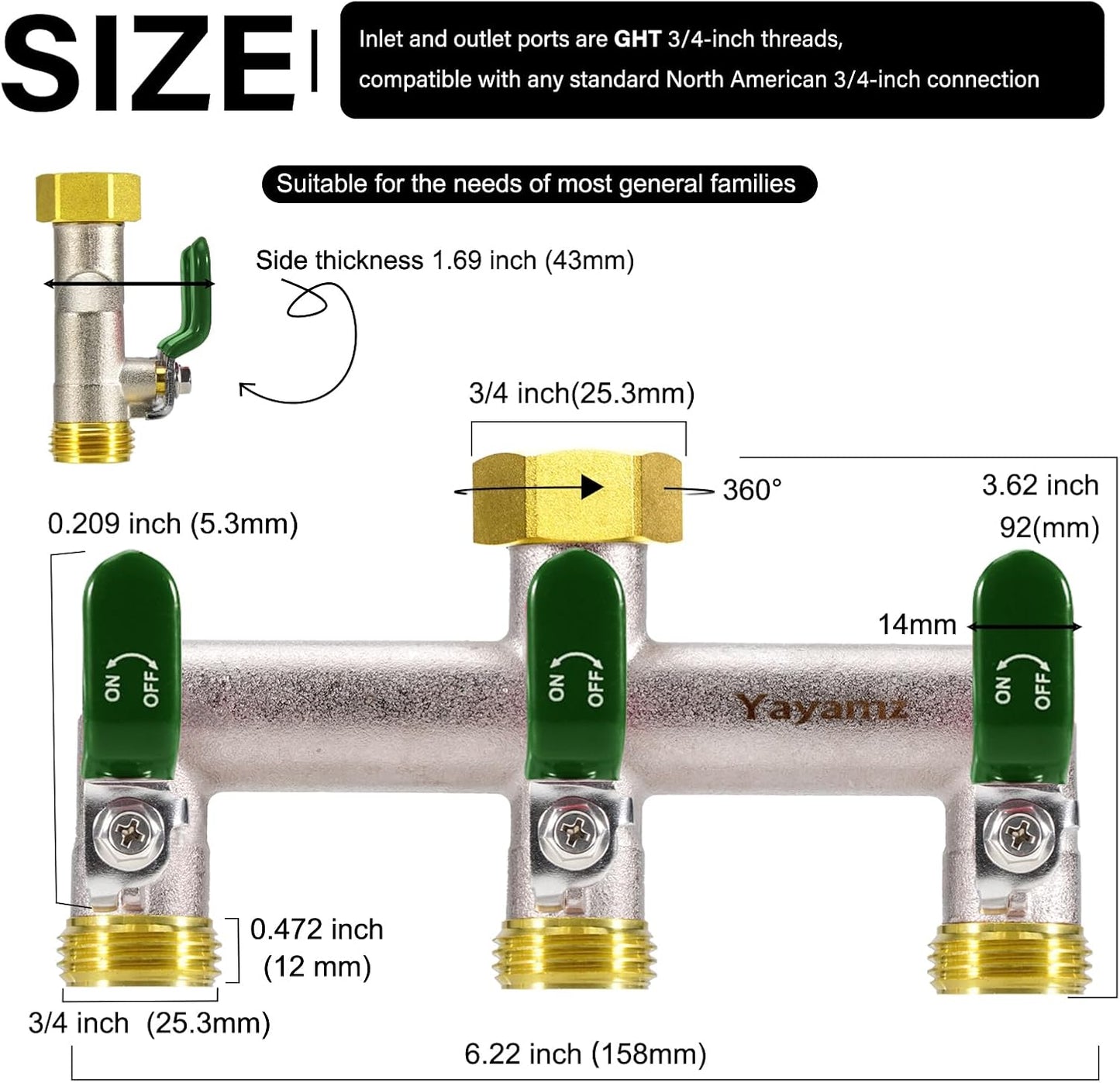Divisor manguera 3 vías latón 3/4" asas verdes