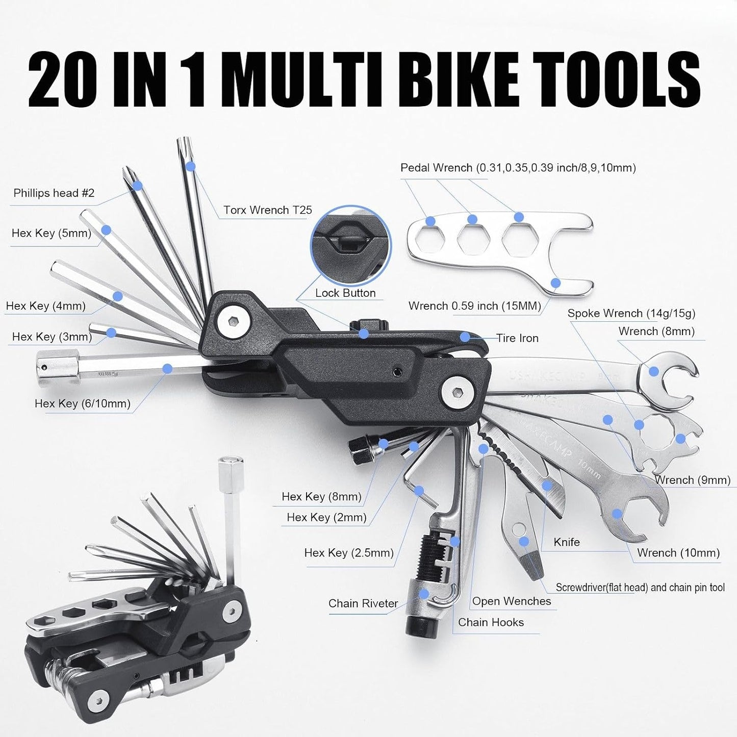 Kit reparación bicicleta 20en1 llaves hex palancas