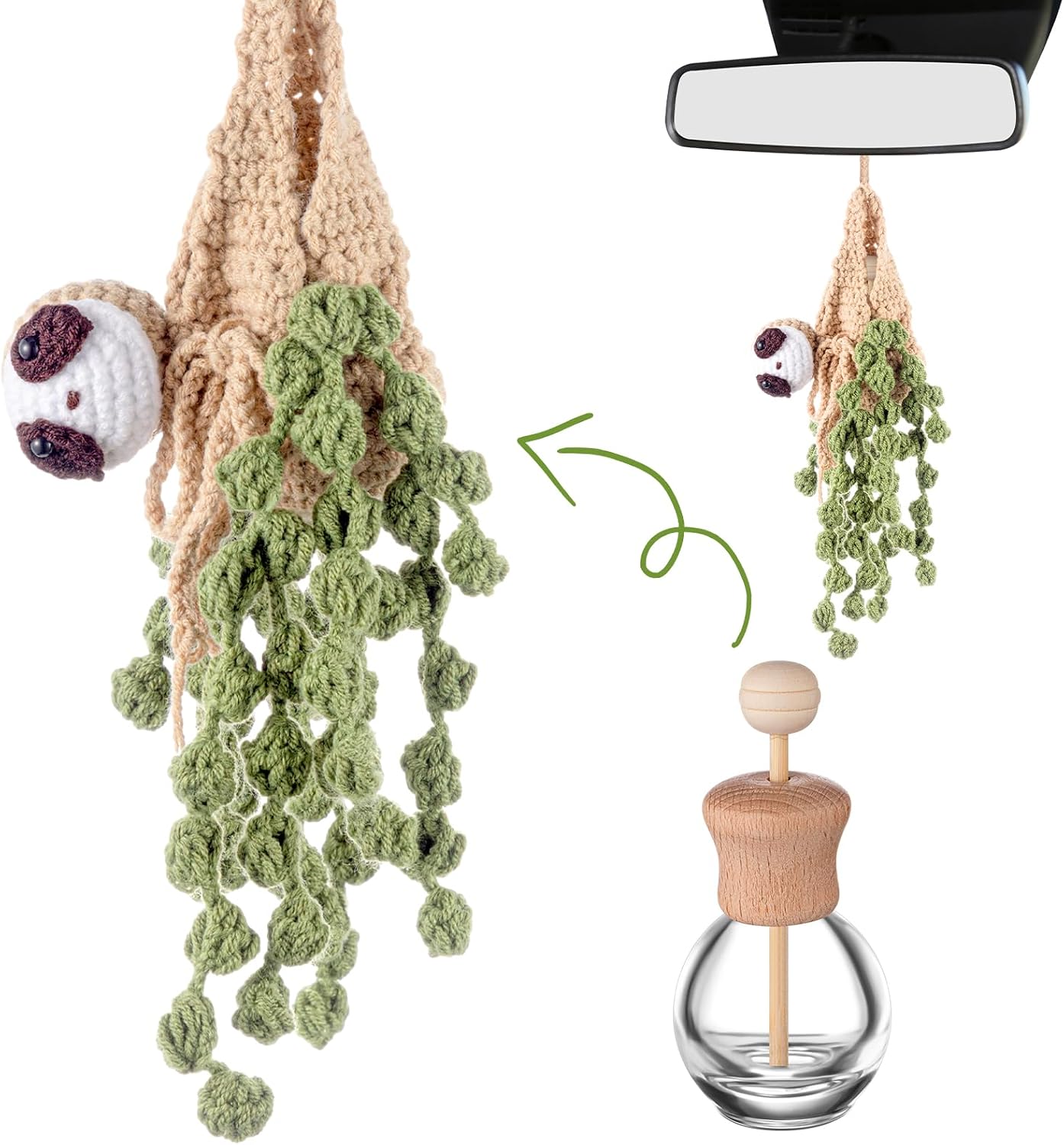 Ambientador coche con planta ganchillo botella recargable