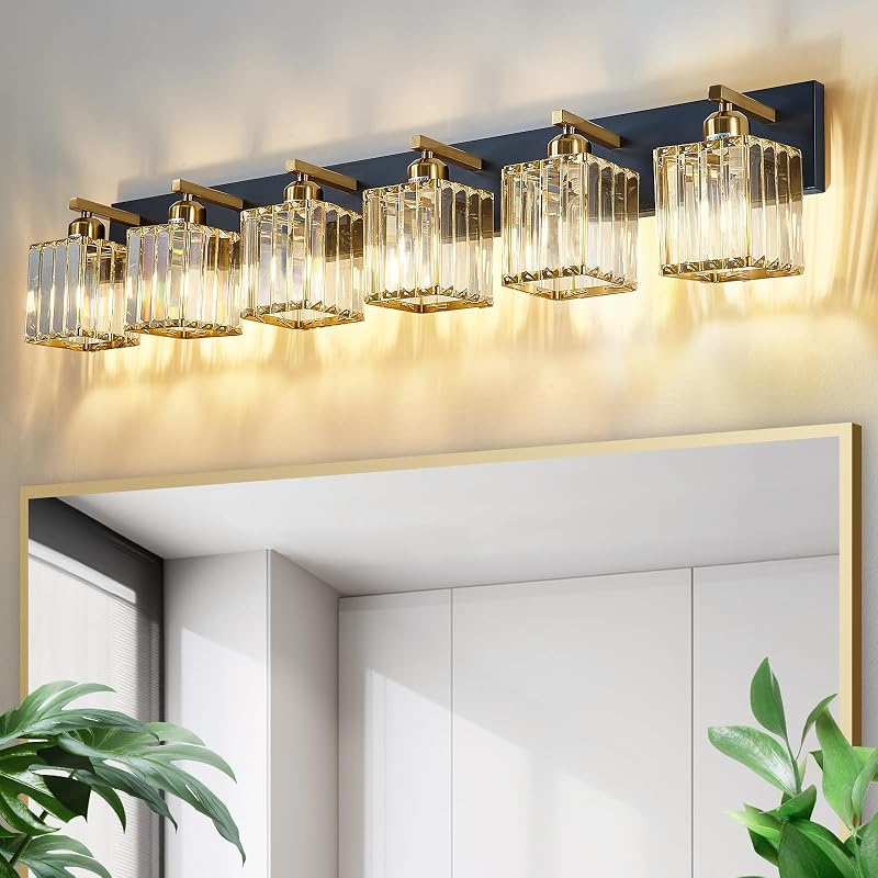 Luz de tocador moderna de cristal 6 luces negro dorado