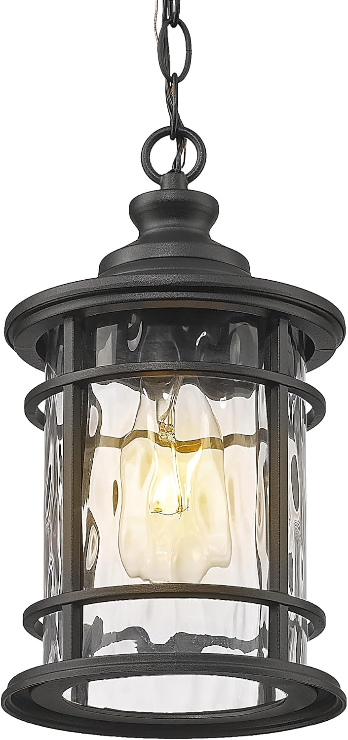 Lámpara colgante exterior 12.4pulg vidrio ondulado negro