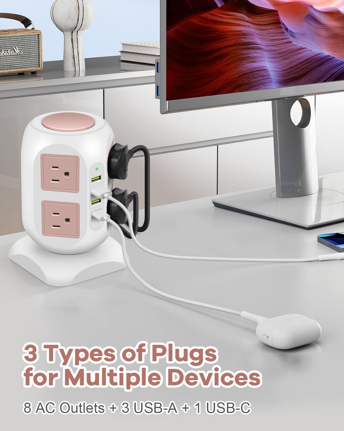 Regleta alimentación oro rosa con 8 enchufes y 4 USB 10pies