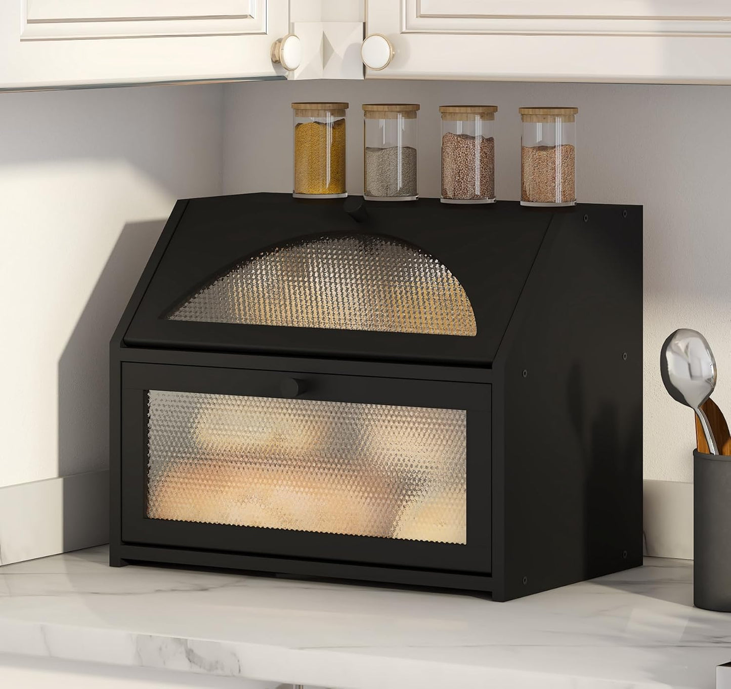 Encimera cocina madera bambú contenedor vidrio patrones diamantes negro
