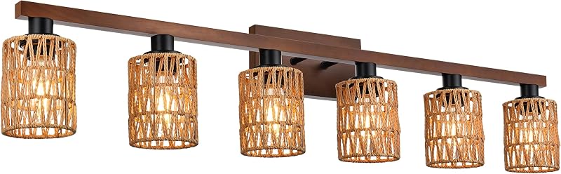 6 Luces Madera Tocador Baño Ratán Iluminación Pared