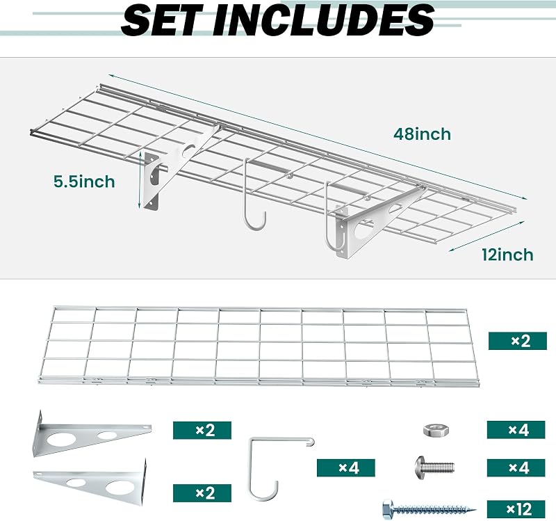 Estantes pared garaje 12x48" metal con ganchos set 2 blanco