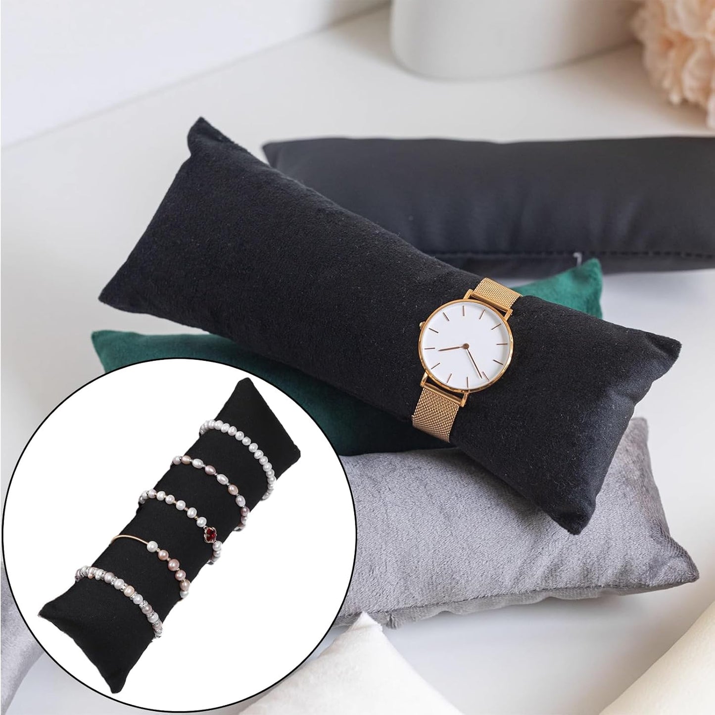 4 Almohadas largas terciopelo negro para reloj y joyas